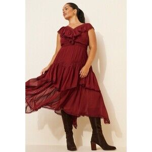 NWT Anthropologie Size XS Short-Sleeve V-Neck Ruffle Wine Red Midi Dress Lace